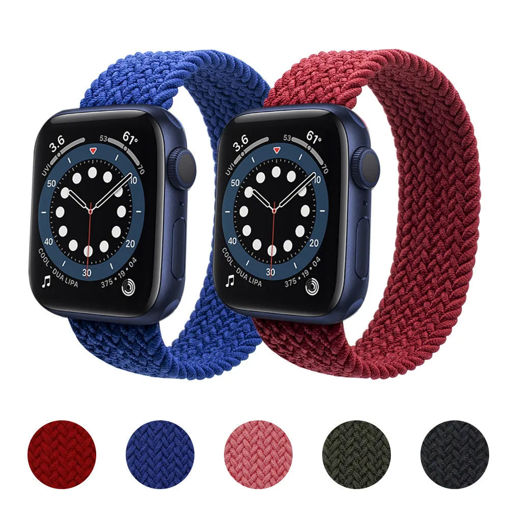 Nylon Apple Watch strap in army green showing elastic woven texture and plastic head