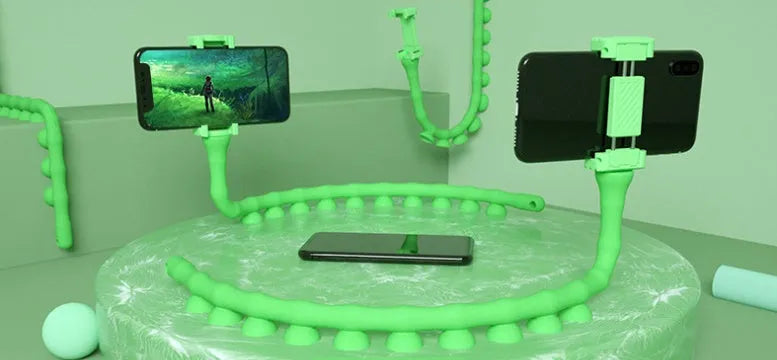 Flexible silicone phone holder with suction cup showing 360° rotation and 62cm length