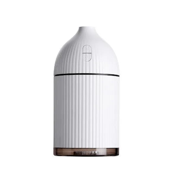 White ultrasonic aromatherapy diffuser with LED light and 300ml water capacity, measuring 80x80x155mm
