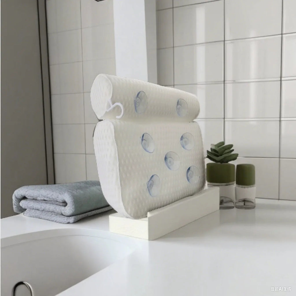 White 3D mesh bathtub pillow with multiple suction cups, shown on a bathtub.