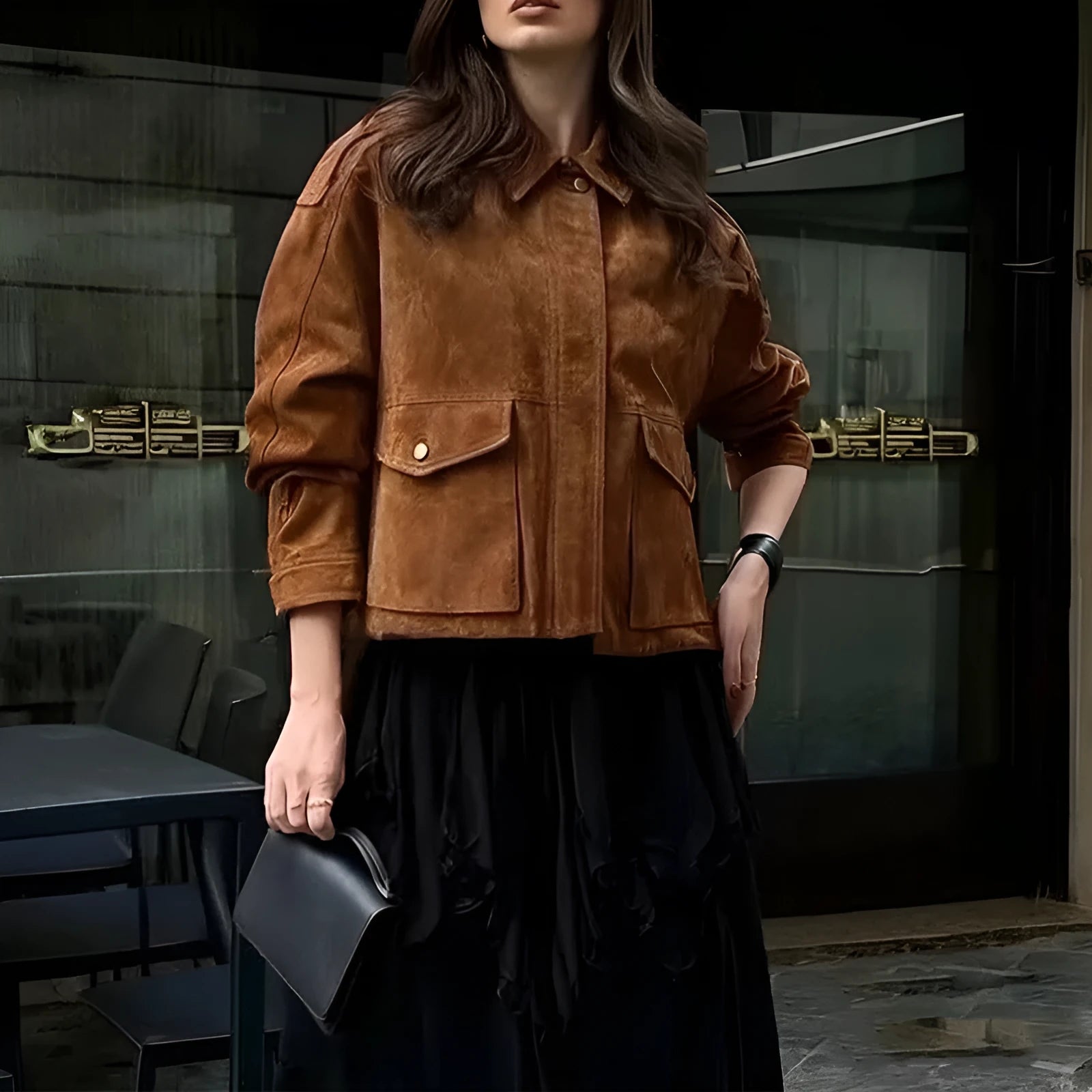 Women's brown suede-effect polyester coat with regular sleeves, street chic styling