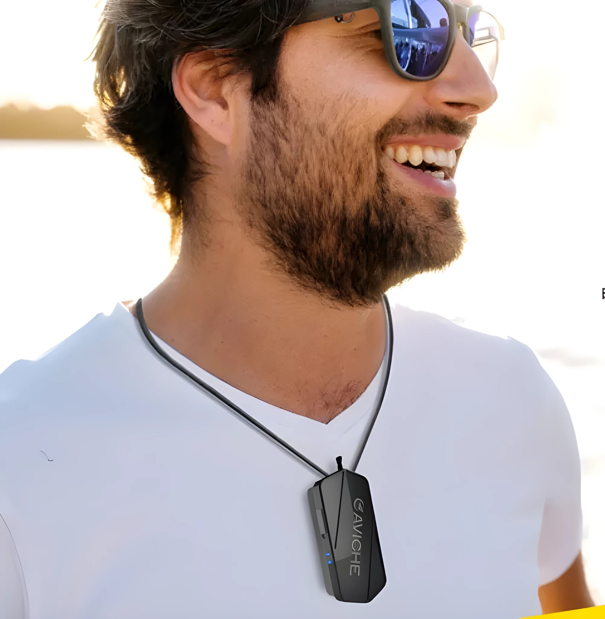Black wearable air purifier necklace with compact 80mm plastic housing design