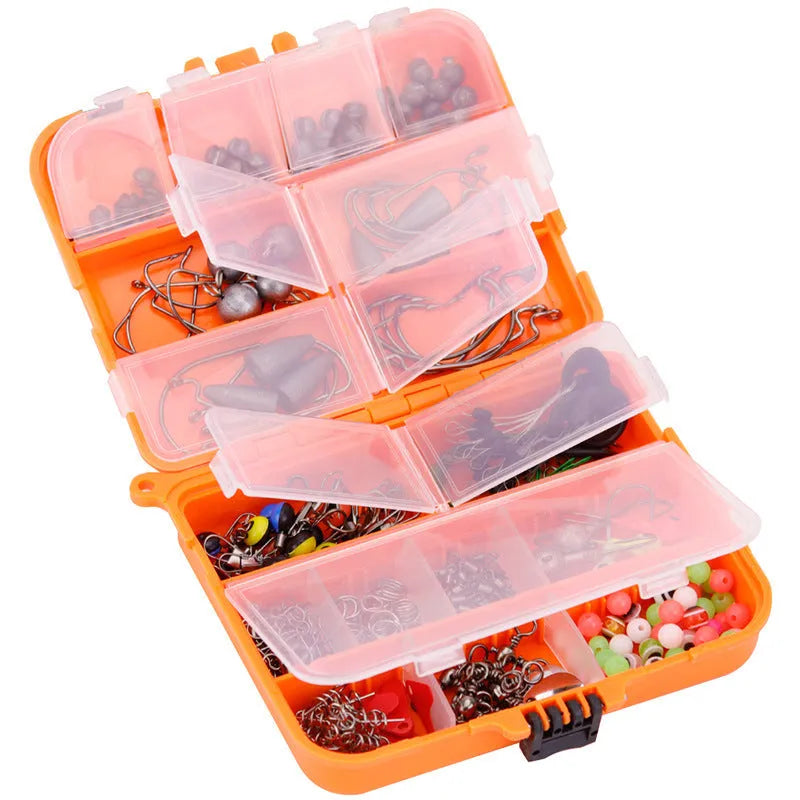 Orange ABS plastic box containing 257 pieces of fishing lure hooks and accessories.