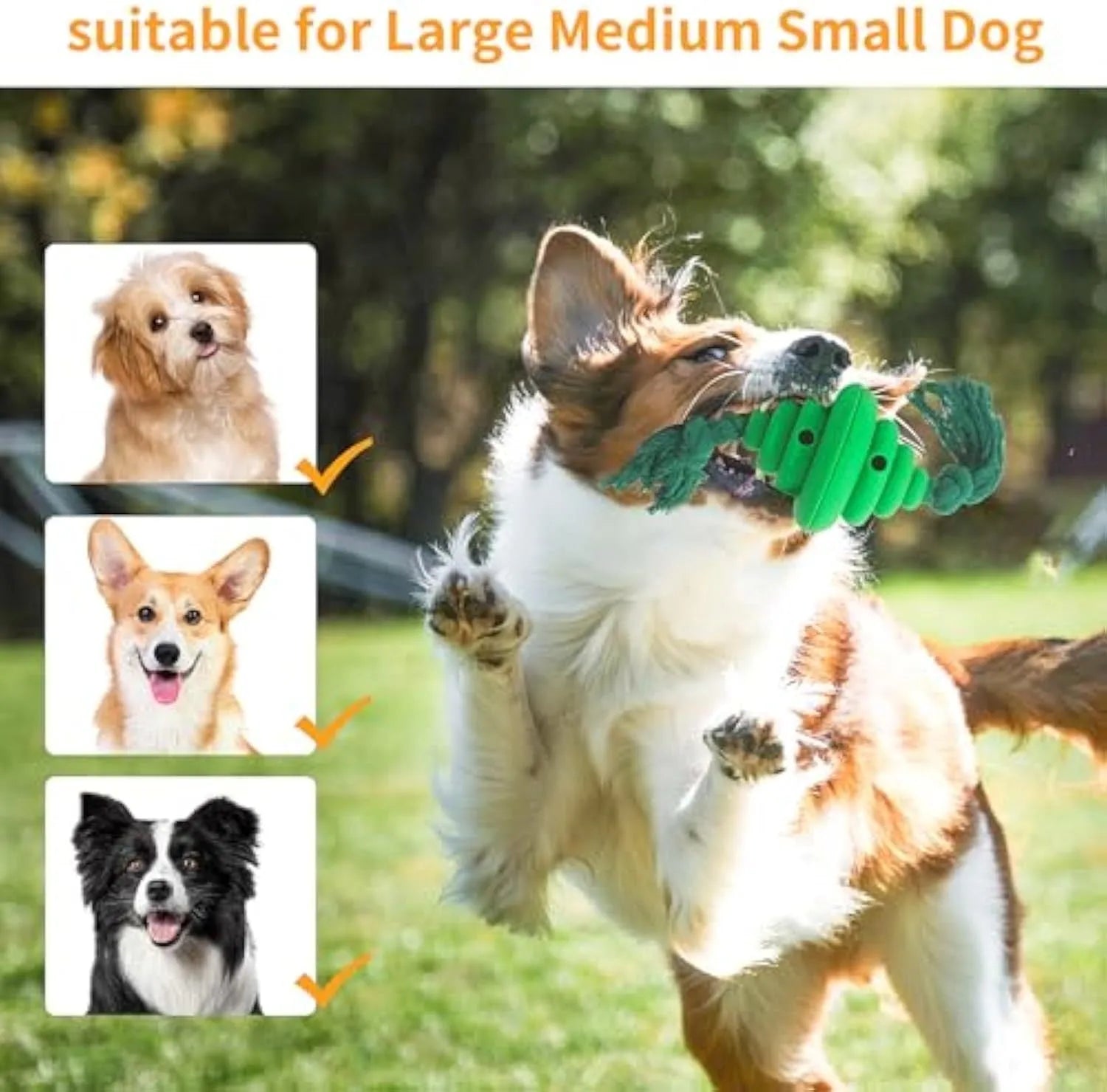 Green and yellow silicone dog ball with integrated rope, shown as a food-dispensing chew and tug toy.