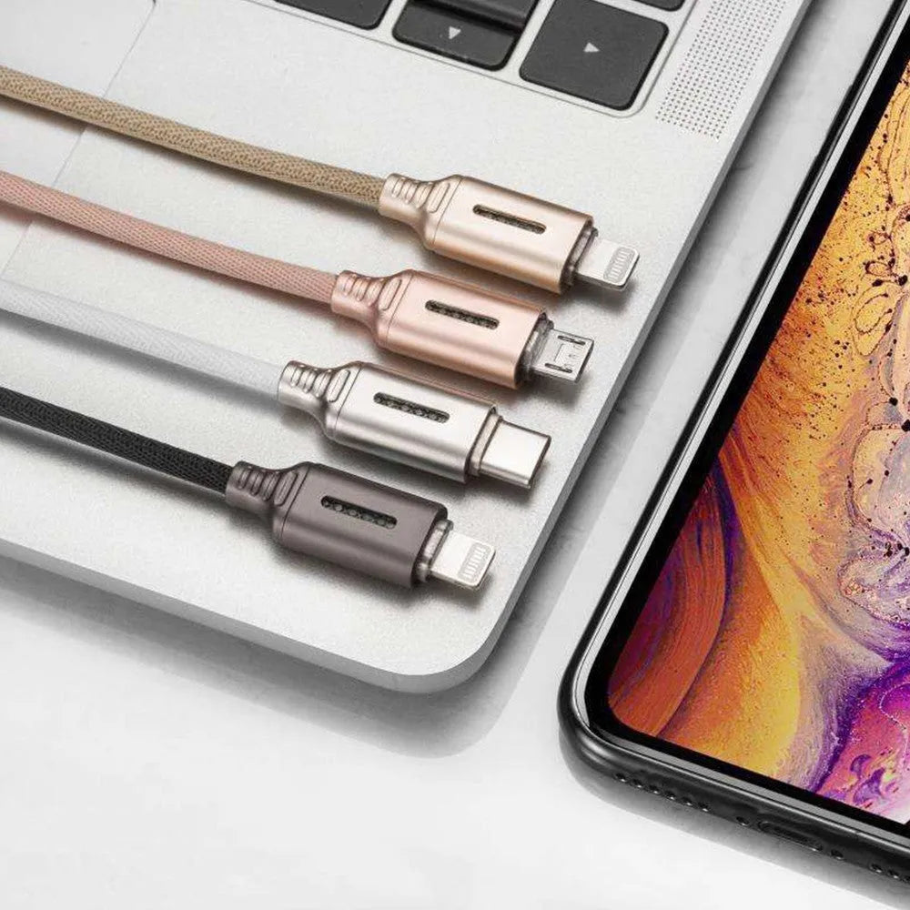 Fabric braided USB charging cable with 1 metre length shown in black colour.