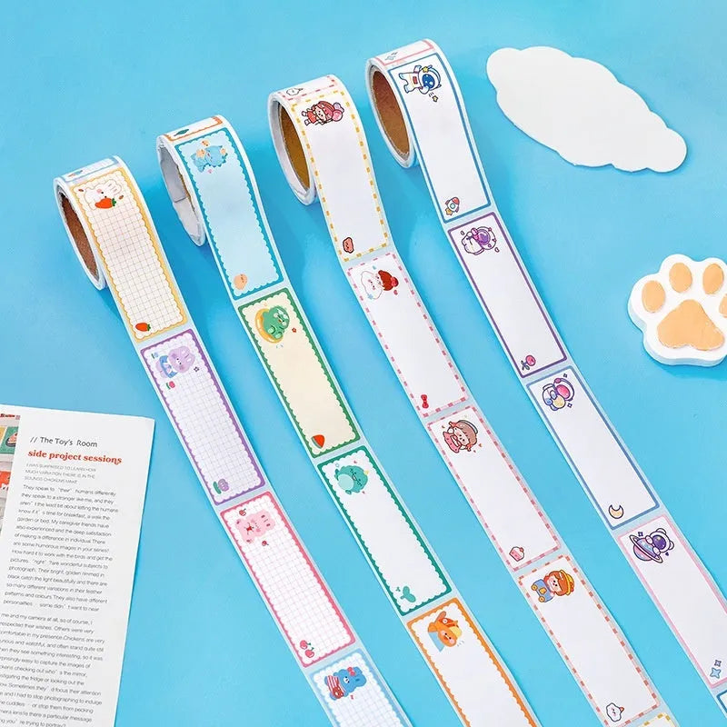 Roll of creative cartoon tape name stickers with dinosaur, astronaut, rabbit and girl designs for student organisation