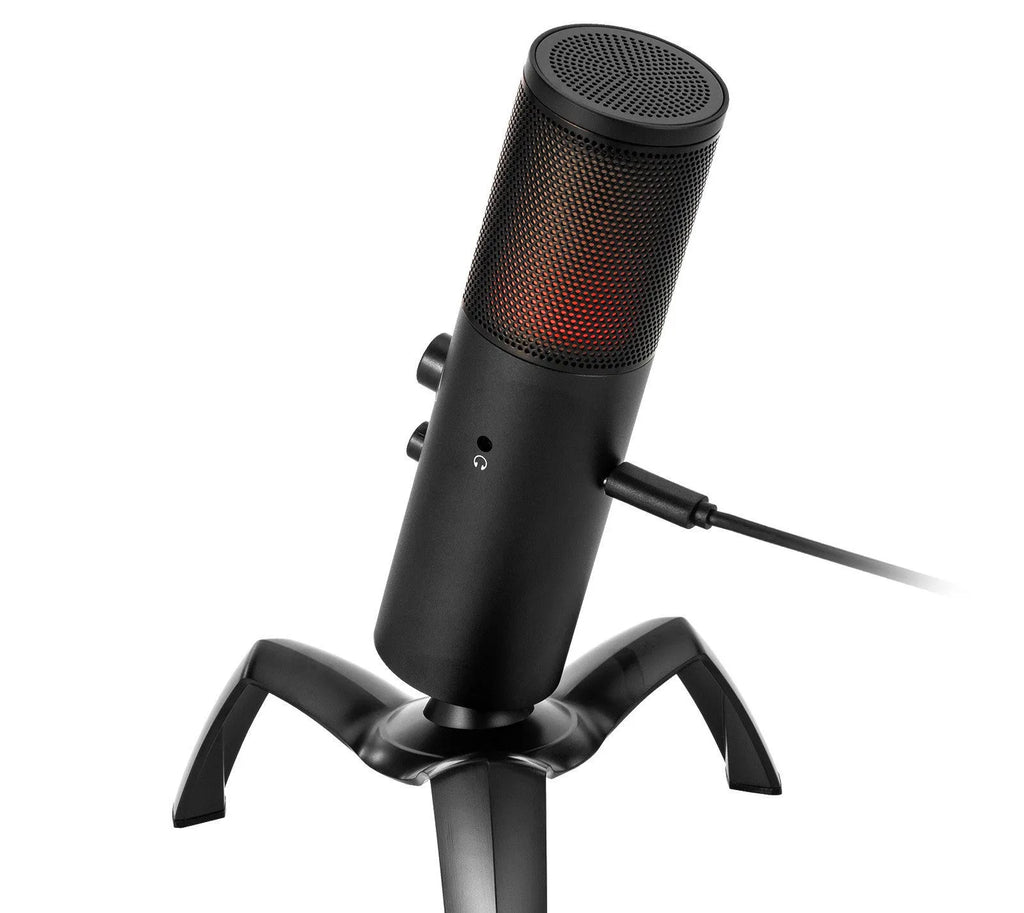 Black Q18 USB condenser microphone with RGB lights on tripod stand