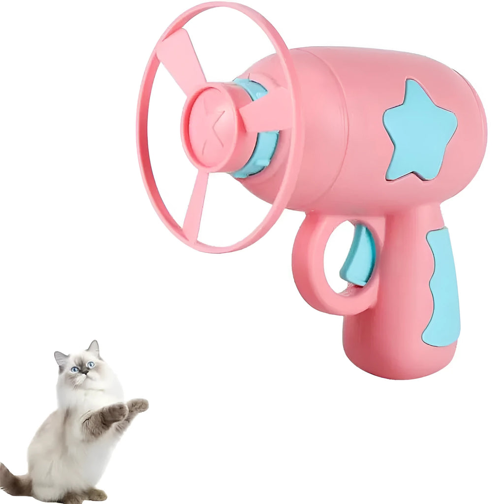 Blue plastic cat toy gun with spinning Frisbee launcher for indoor cat play