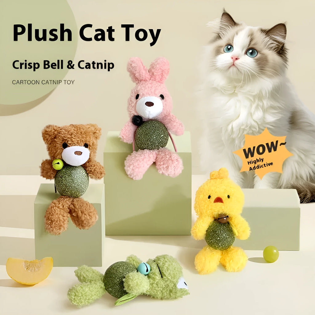 Plush cat toy shaped as a bear, rabbit, frog or bird with a mint ball, measuring 15cm high.