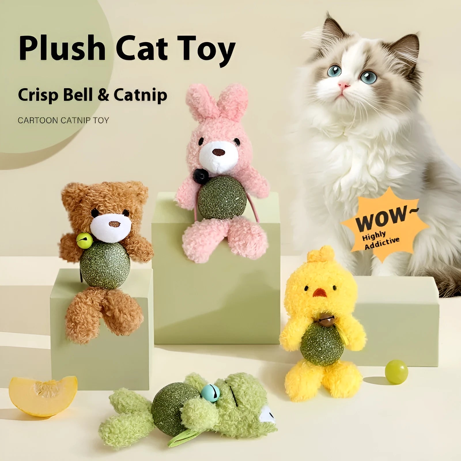 Plush cat toy shaped as a bear, rabbit, frog or bird with a mint ball, measuring 15cm high.