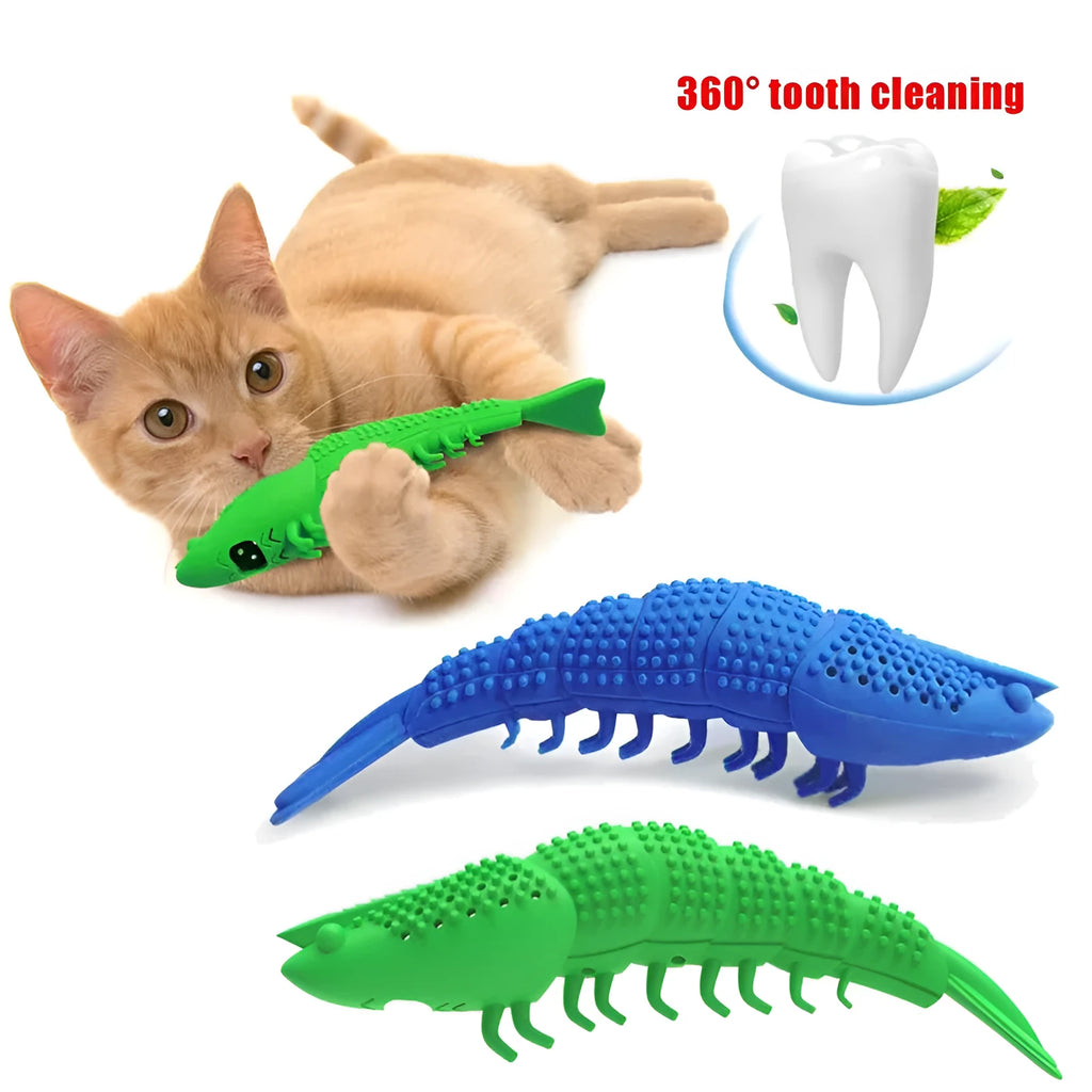 Blue hard rubber cat chew toy with dental cleaning function and bell inside.