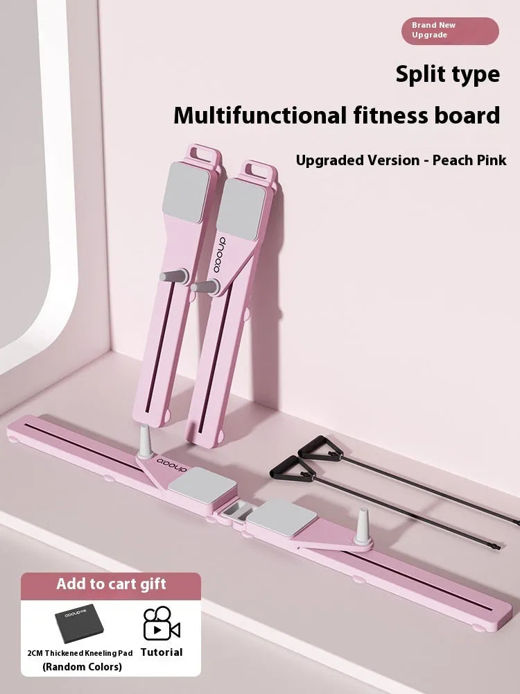 Split multifunctional skiing machine trainer in pink or purple colour, showing its 85cm length and PP construction.