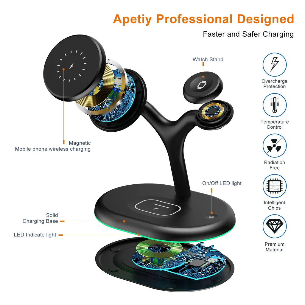 Black multifunctional three-in-one magnetic wireless charger on a flat surface.