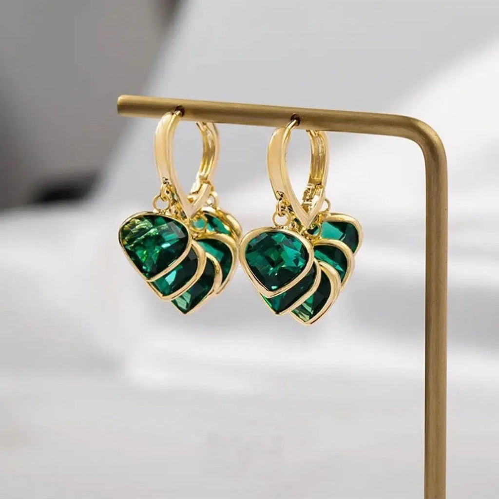 Korean style green heart glass ear clip earrings with artificial gemstone inlay