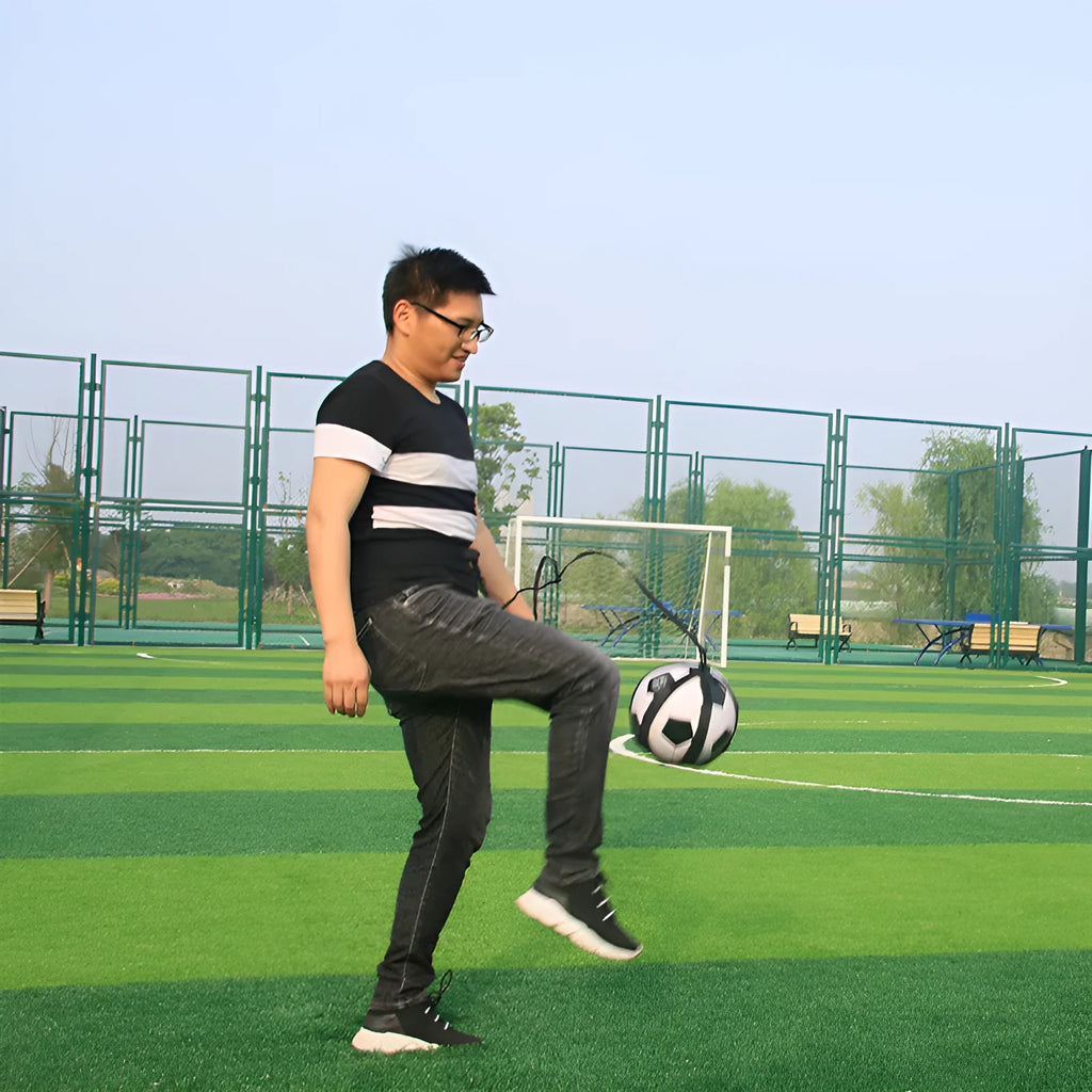 Black football juggling belt with a 2 metre long cord made from diving suit fabric