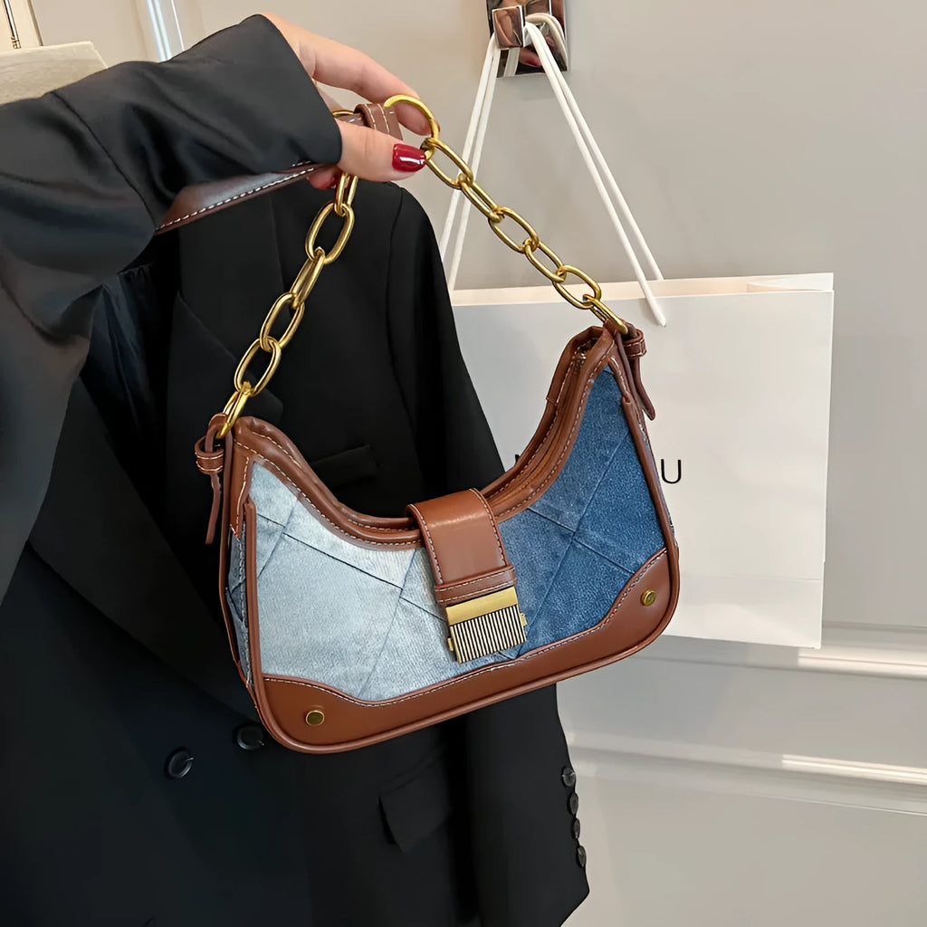 Brown denim women's shoulder bag with diamond mesh detailing and chain accents