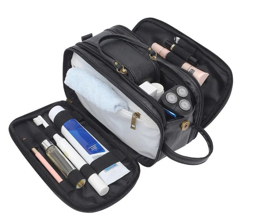 Men's black or brown PU toiletry bag for travel storage with solid colour design