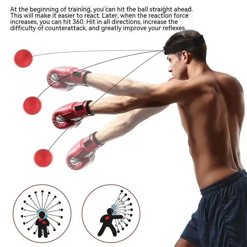 Head-mounted boxing reaction training ball set with adjustable headbands and multiple coloured balls on a white background.