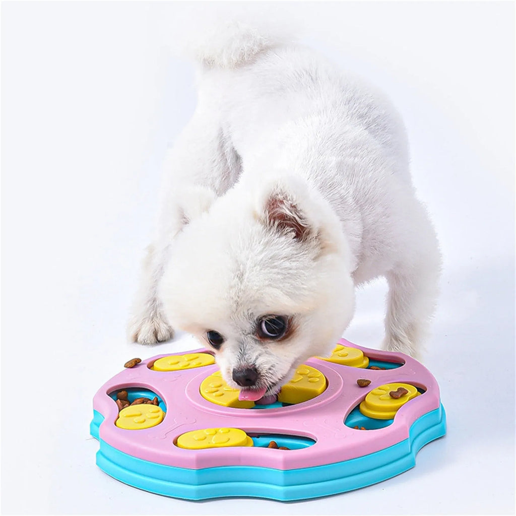 Blue dog puzzle toy food feeder bowl with interactive game elements for aggressive chewers