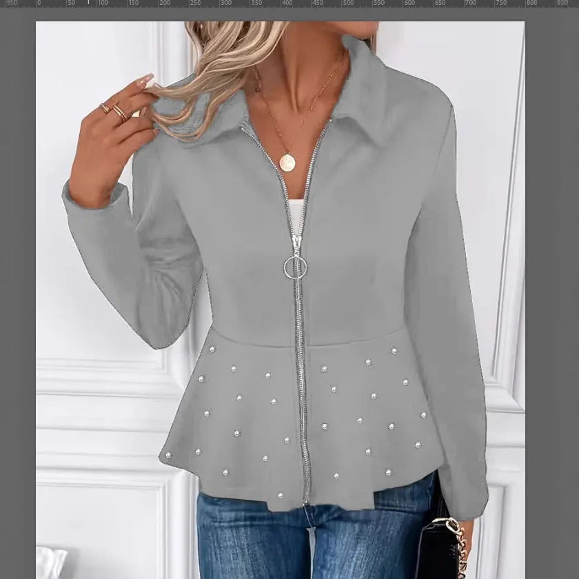 Women's loose fit coat with beaded heavy-duty zipper and ruffled hem in spandex fabric