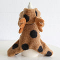 Polka dot elk couple pattern pet clothing for dog or cat, shown in skirt style and four-legged style on mannequin.