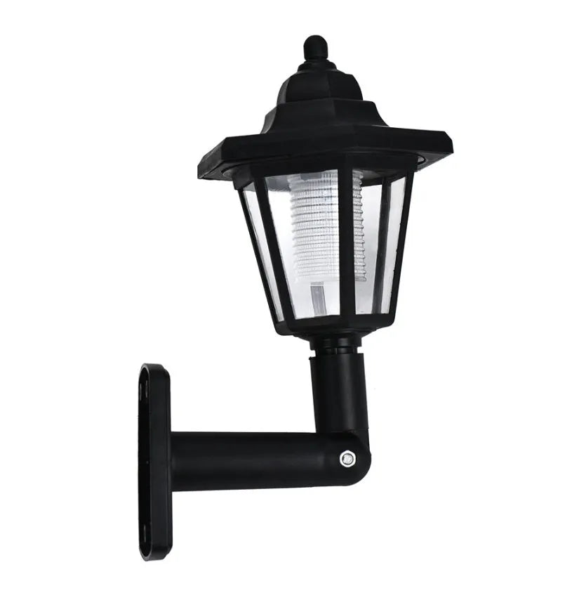 Black hexagonal solar wall light for outdoor use with automatic sensor and IP44 waterproof rating.