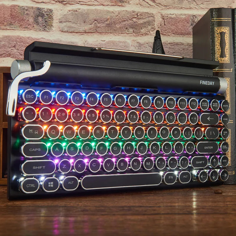 Black retro-style Bluetooth mechanical keyboard with backlit keys and metal construction