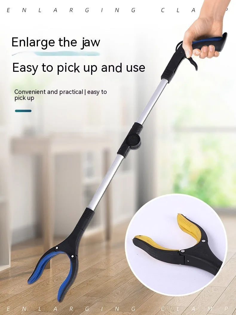 Foldable aluminium rubbish clamp with magnet, shown extended to 80cm and folded to 42cm with blue handle