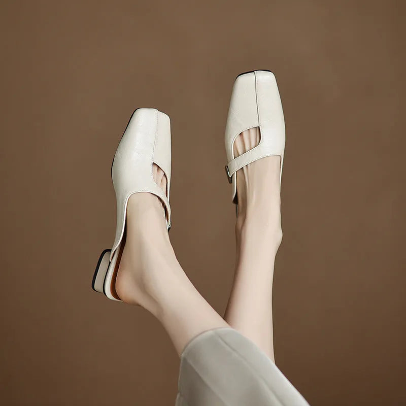 British-style square toe outdoor slippers in black, beige, and silver colours with low heel design