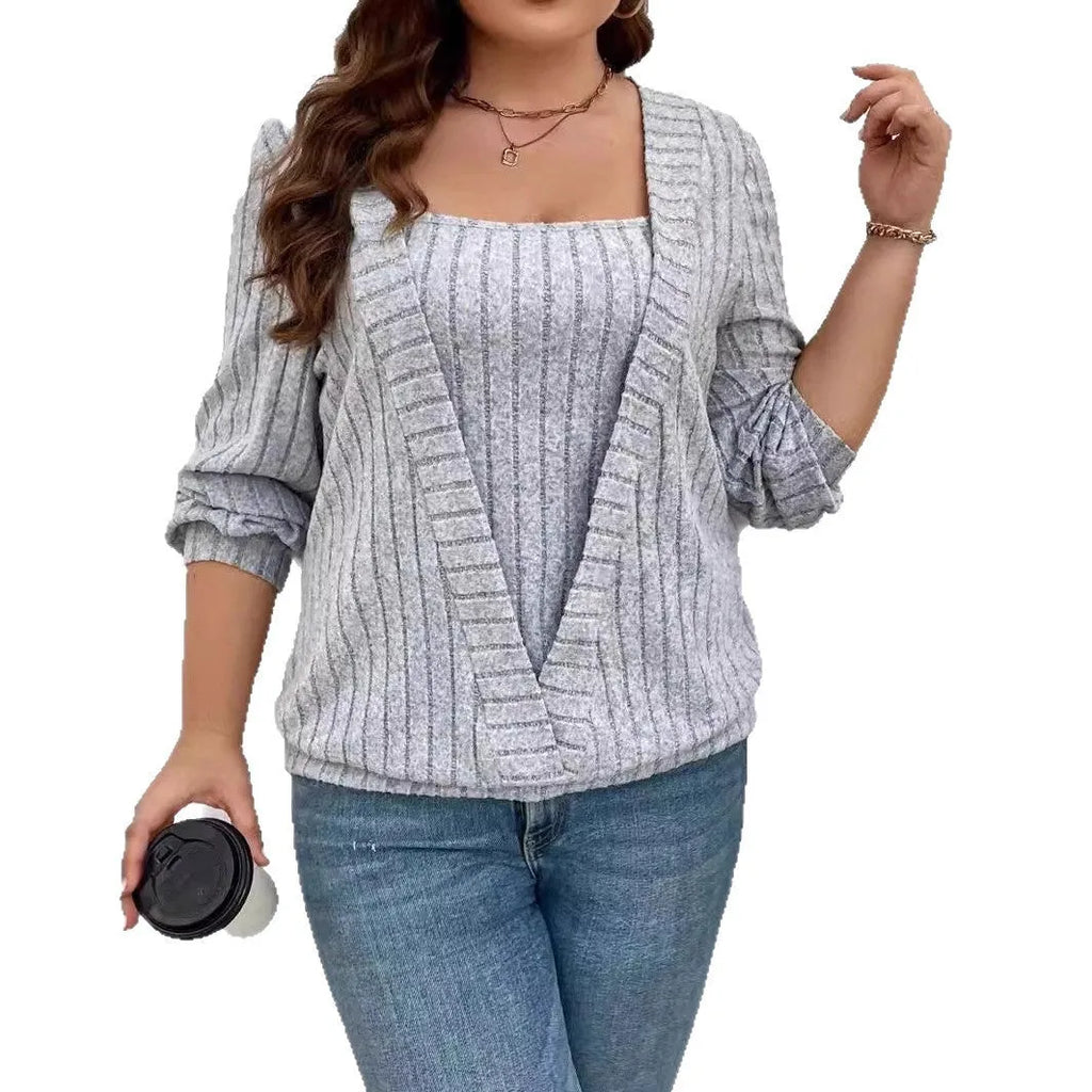 Solid colour rib fabric V-neck false two-piece dress with long sleeves in loose fit