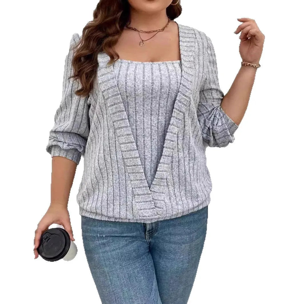 Solid colour rib fabric V-neck false two-piece dress with long sleeves in loose fit
