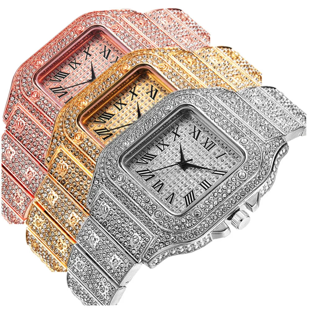 Roman numeral graduation quartz watch set with mesh band and square dial in gold, rose gold, or silver with matching bracelet and necklace