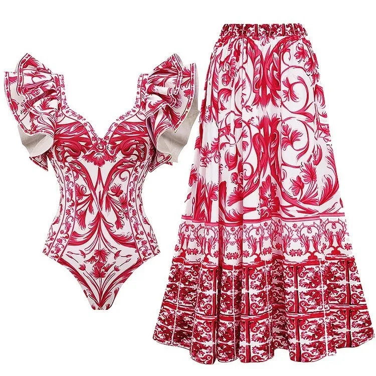 Women's printed one-piece polyester swimsuit on a hanger, showing rose pink, white, blue, and red apron design options.