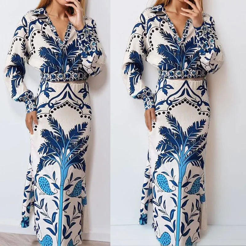 Early spring idle style women's casual set with long sleeve polyester top and matching long skirt