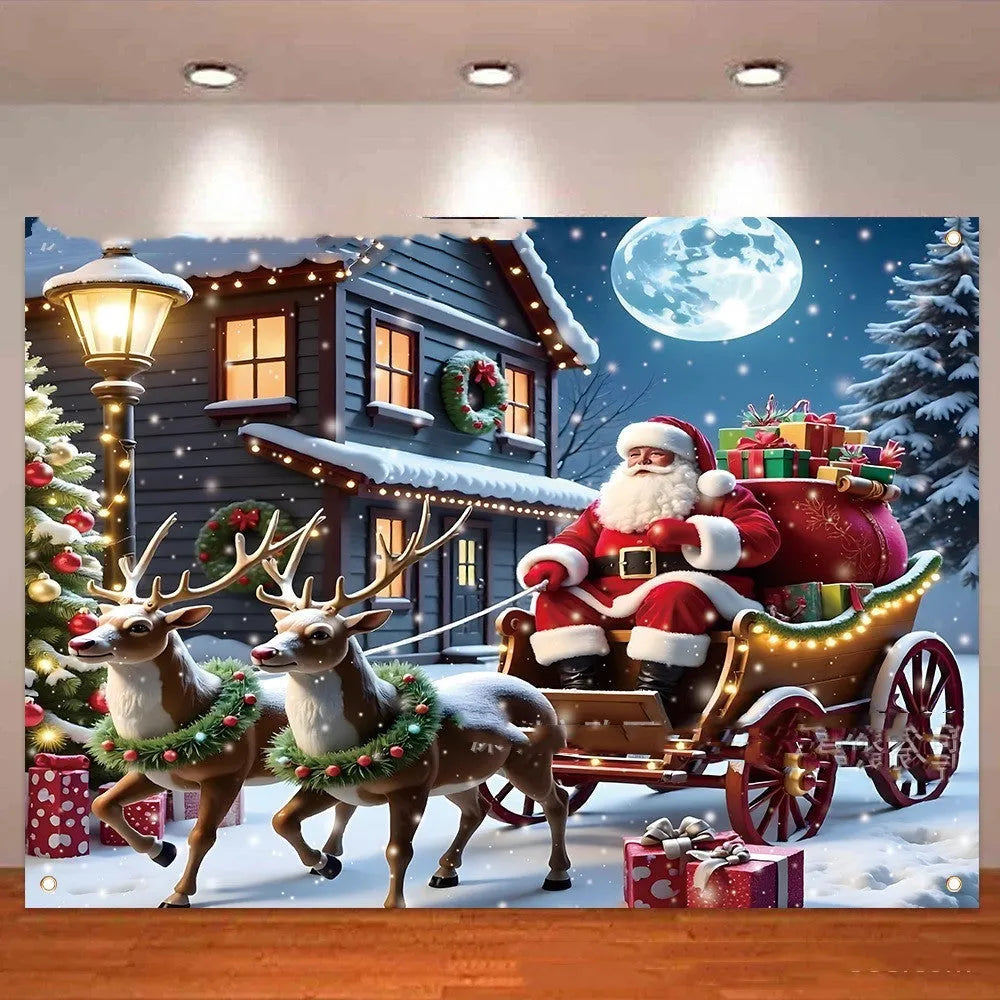 Christmas banner with Santa Claus night scene measuring 210 by 150 cm