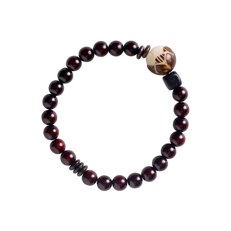 Natural rosewood double-ring bracelet with 10mm flower beads and retro knitting construction