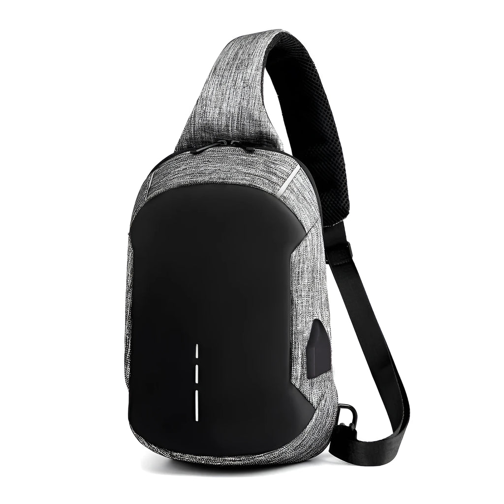 Dark blue waterproof oxford cloth chest bag showing front zipper and crossbody strap