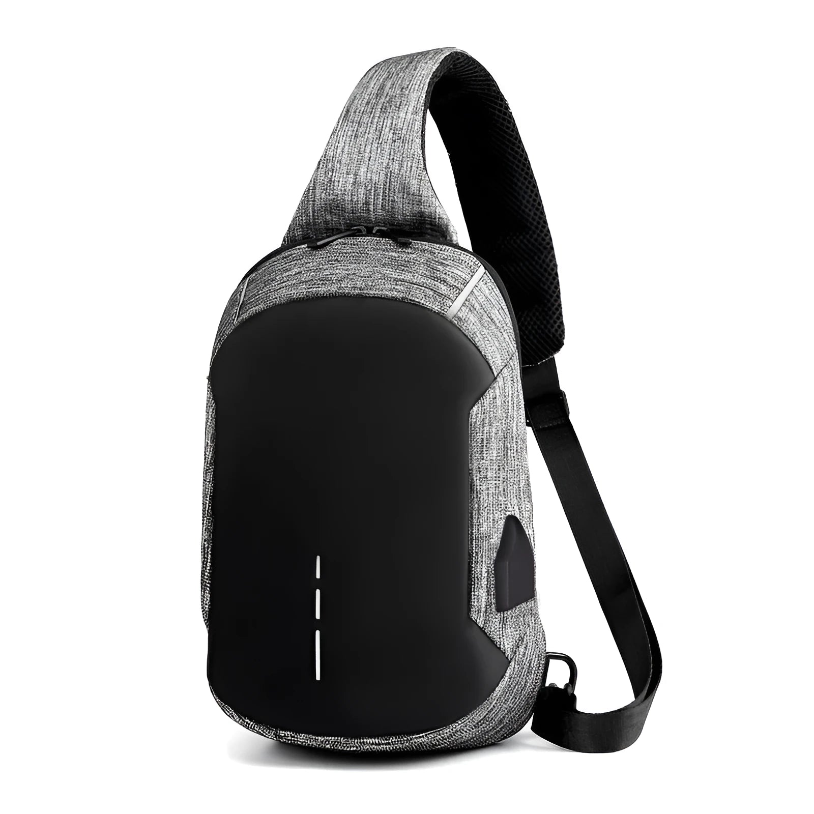 Dark blue waterproof oxford cloth chest bag showing front zipper and crossbody strap