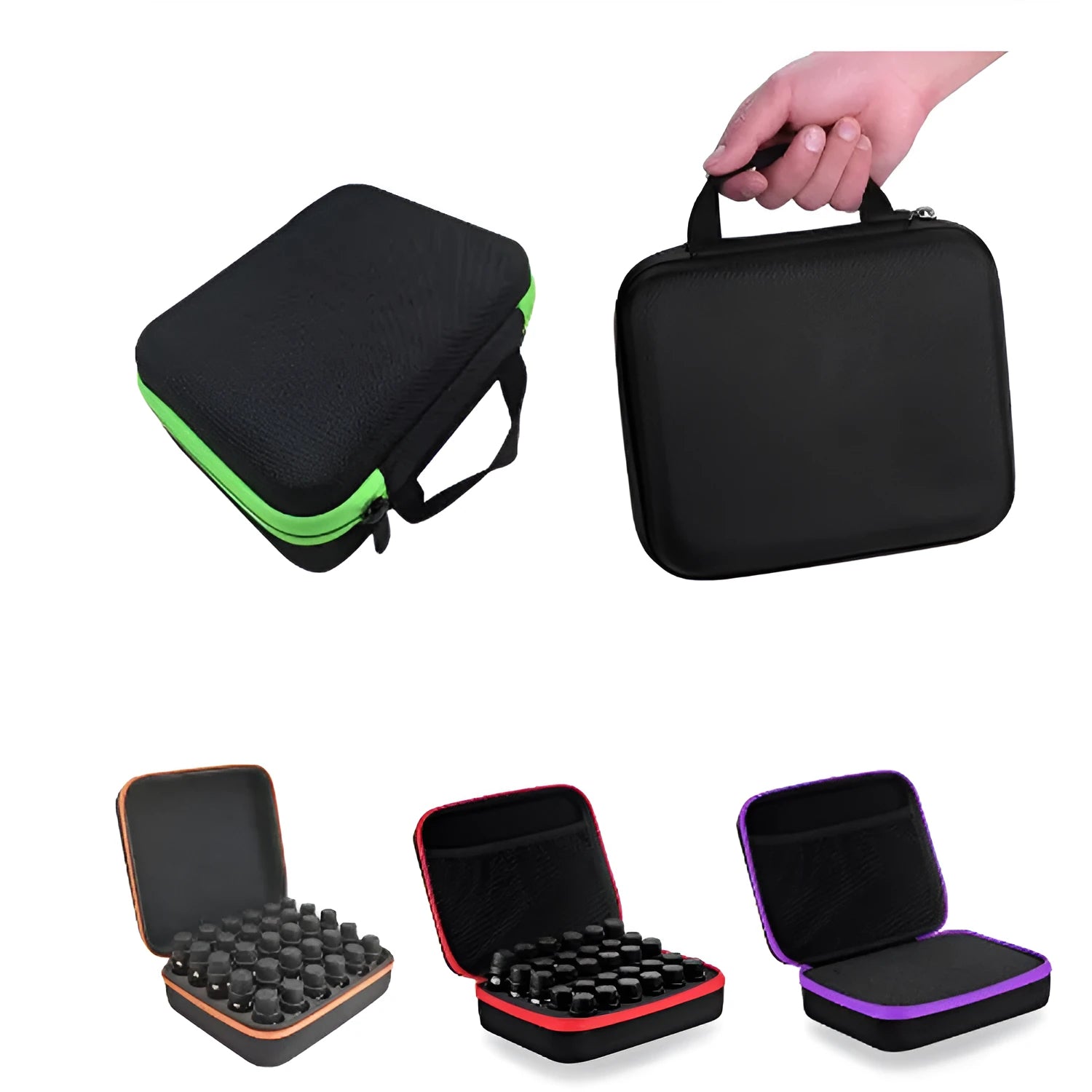 Red EVA essential oil storage bag with 30 compartments for 15ml bottles, shown wall-mounted.