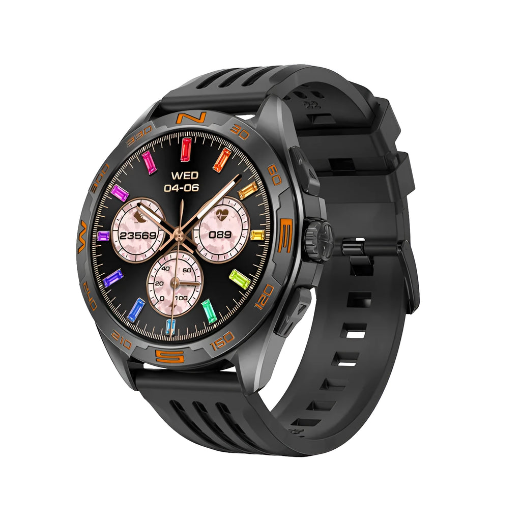 Black smart watch with touch screen displaying health metrics and WhatsApp messages on wrist.