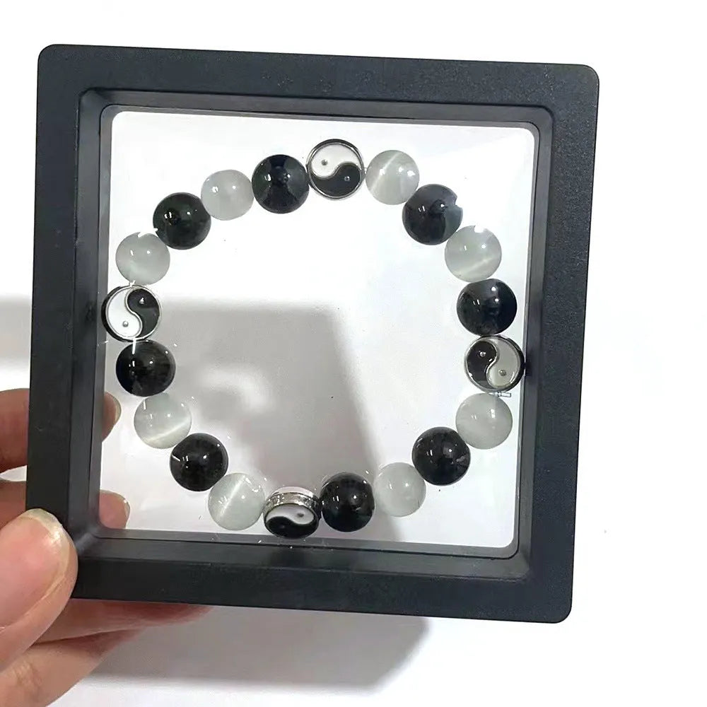 Natural stone Tai Chi bracelet with 10mm opal and black agate beads, polished finish, unisex Chinese style design