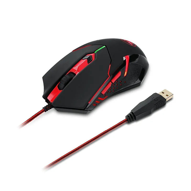 Black and red USB wired optical gaming mouse on a desk surface.