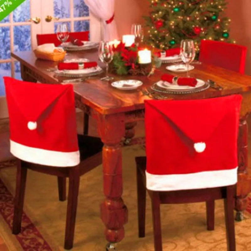Set of red and white Christmas chair covers featuring Santa Claus, Snowman, and Santa Hat designs.