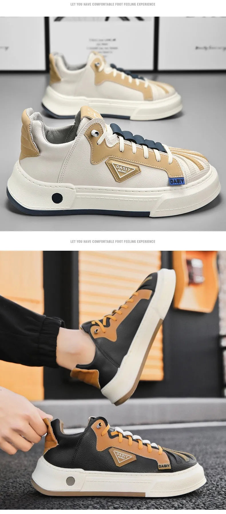 Men's beige low-top casual sneakers with an elastic band and leather stitching detail.