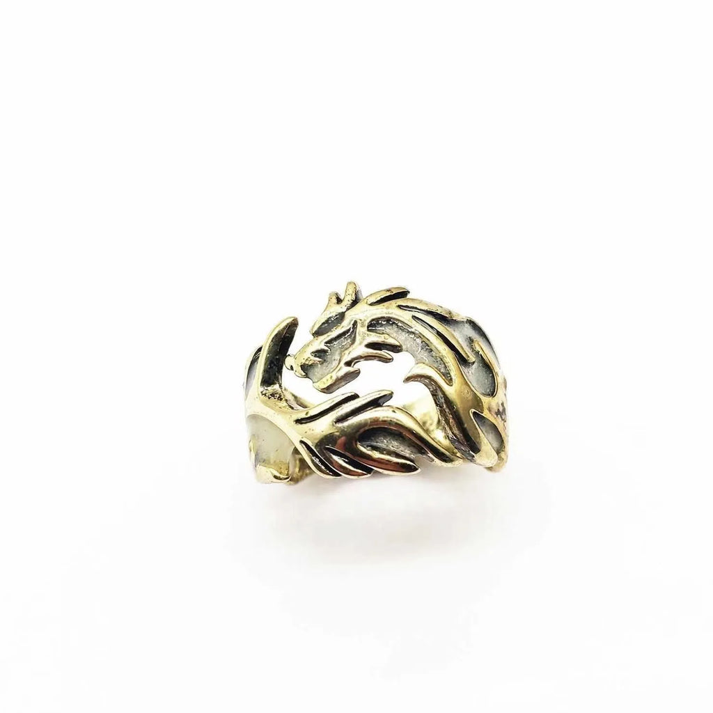 Adjustable metal ring with luminous dragon pattern in archaism silver blue and green