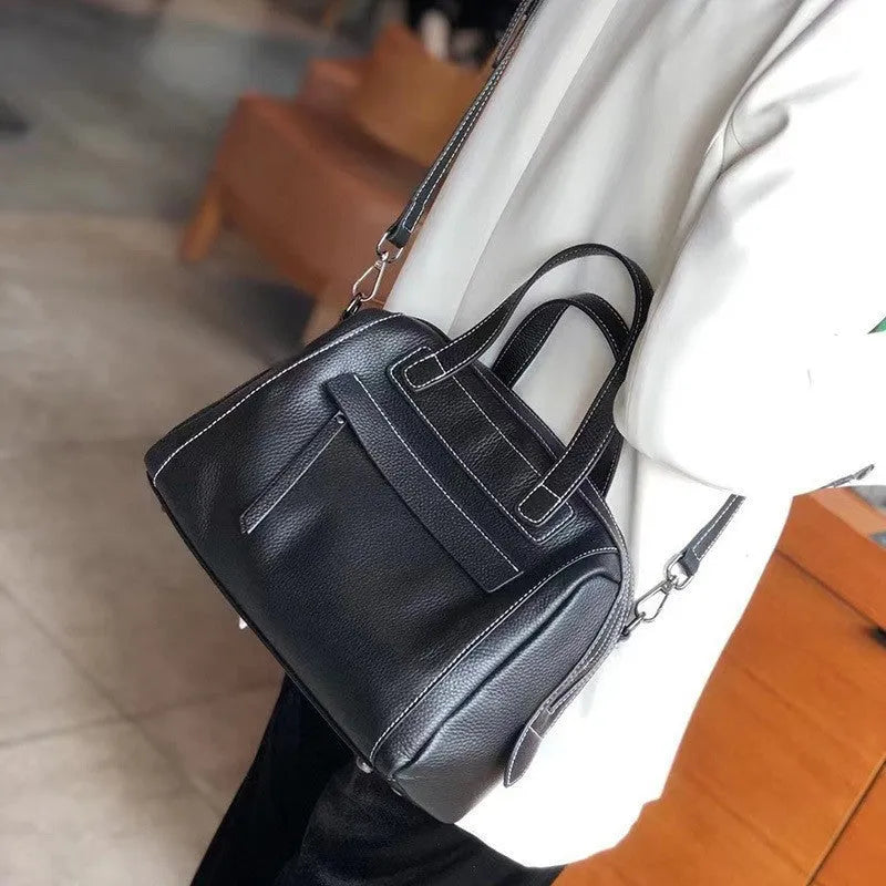 Genuine leather Boston lychee pattern messenger bag in horizontal square design with shoulder strap