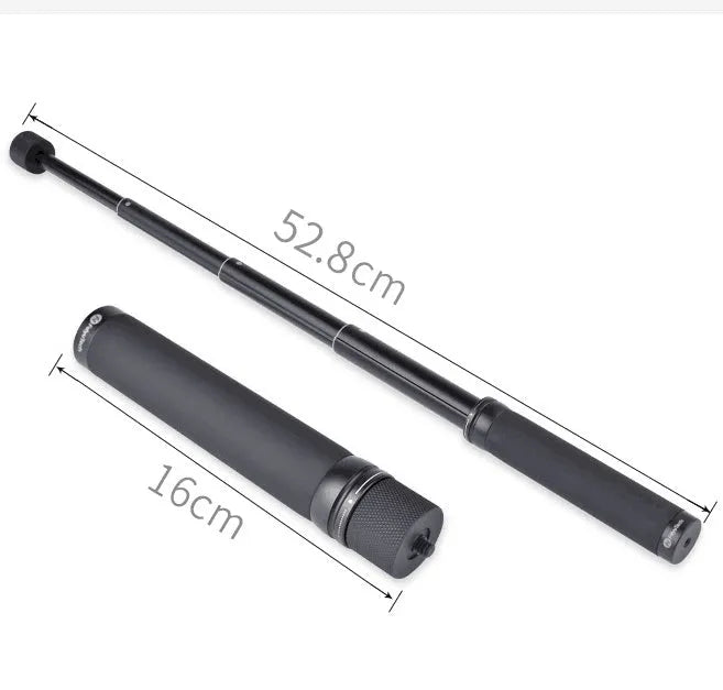 Black retractable aluminium selfie stick fully extended to 180cm with a smartphone attached.
