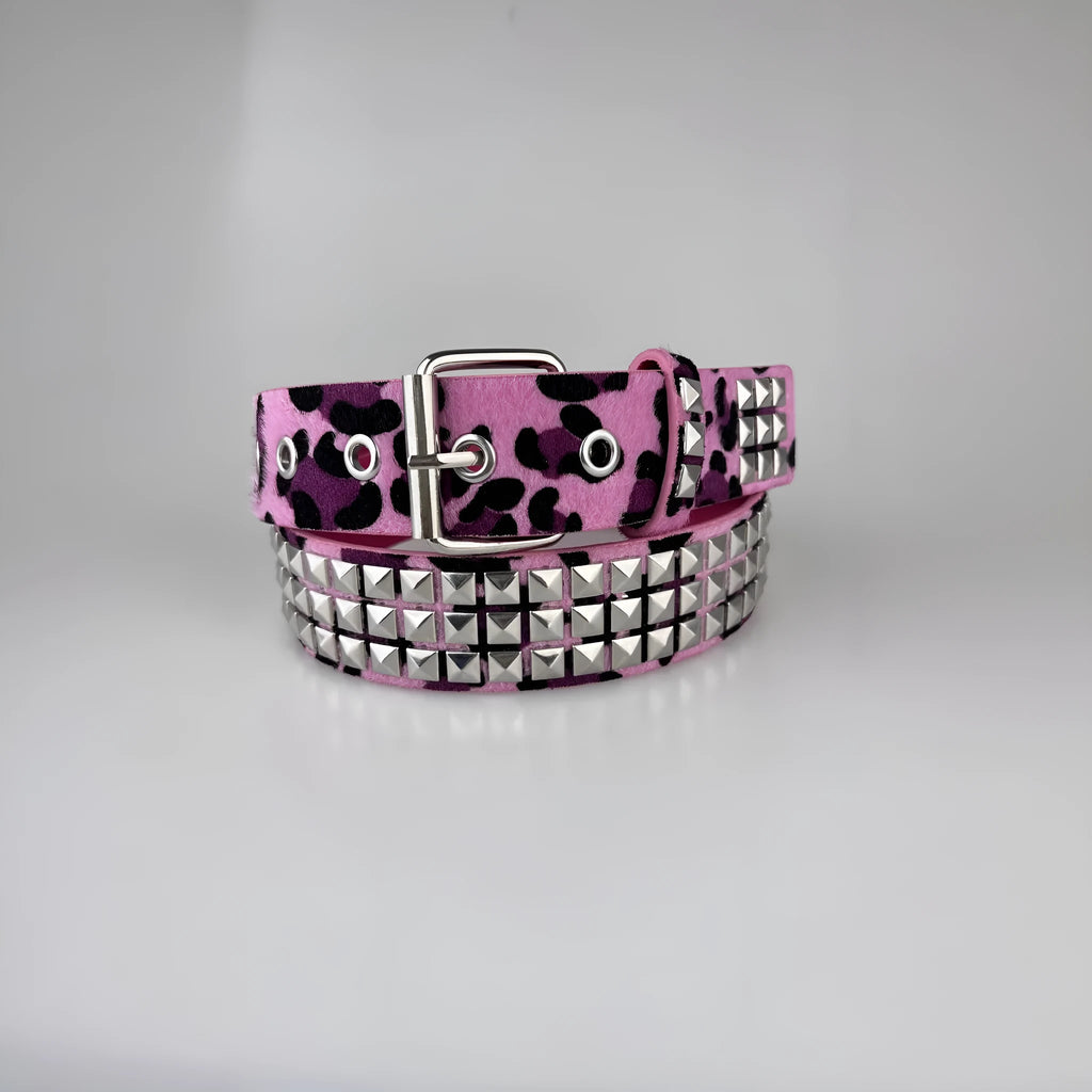 Punk style women's brown leopard print belt with metal decorative rivets and an alloy pin buckle.