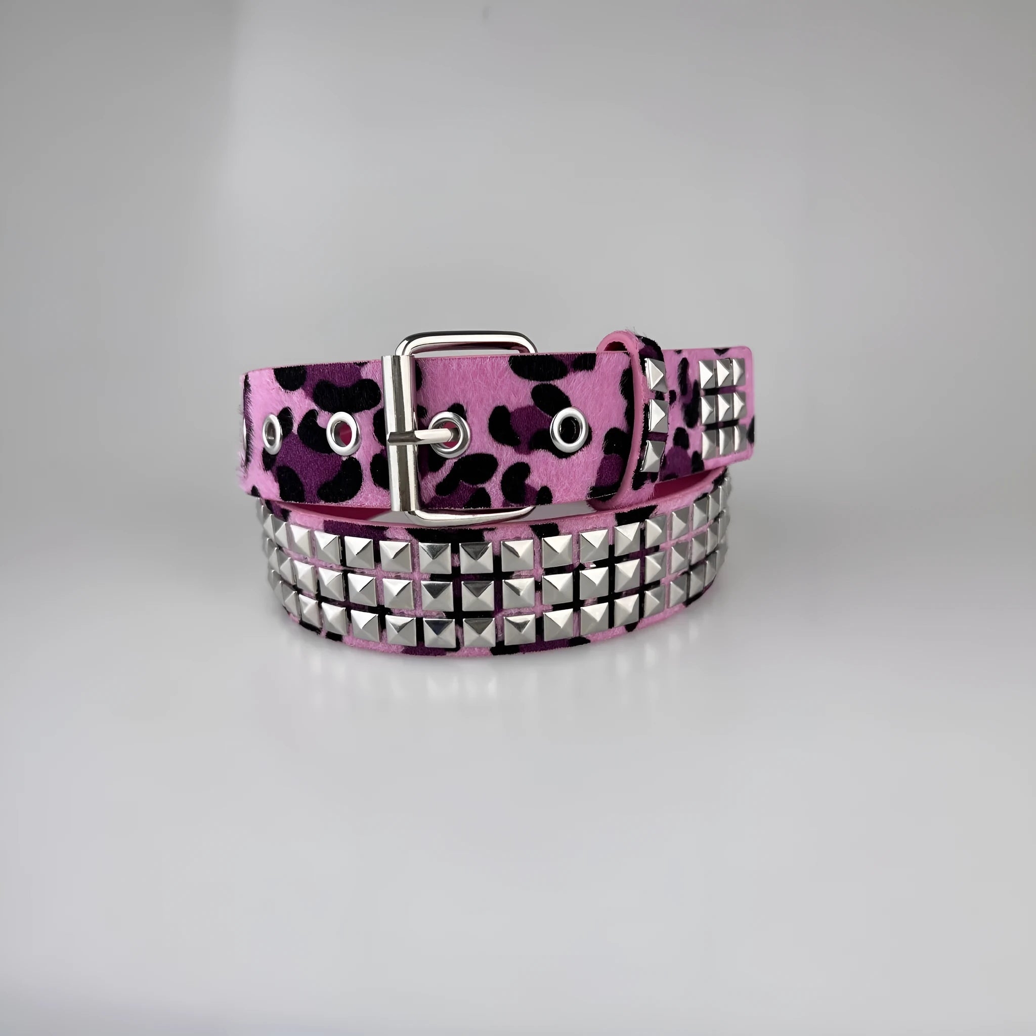 Punk style women's brown leopard print belt with metal decorative rivets and an alloy pin buckle.