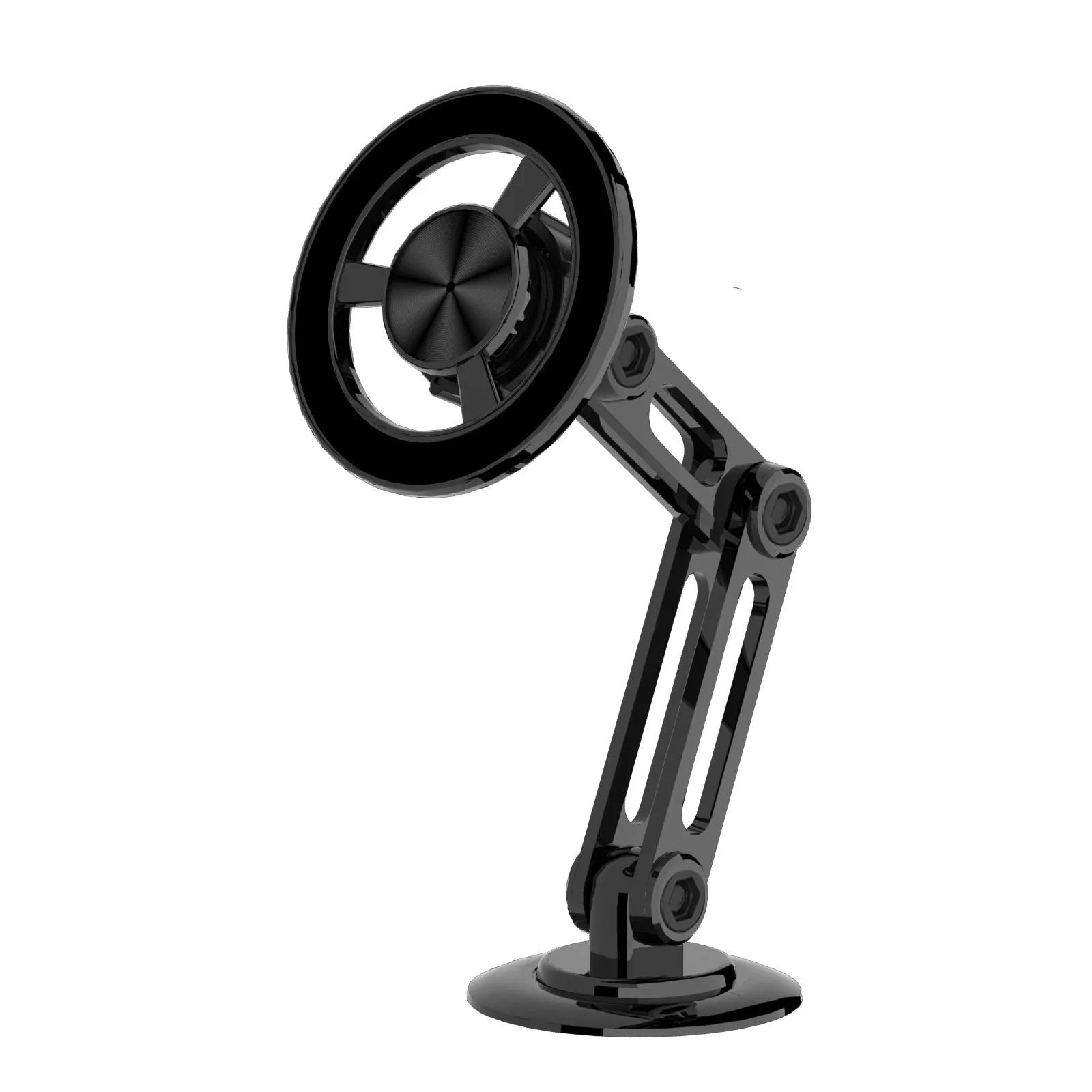 All-metal magnetic car phone holder in black, clipped onto a car air vent, with magnetic rings and adhesive pads.
